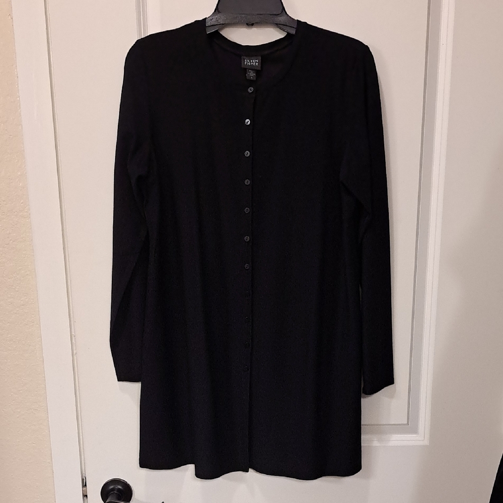 Eileen Fisher Women's Black Button-Down Tunic Top Cardigan Size M EUC